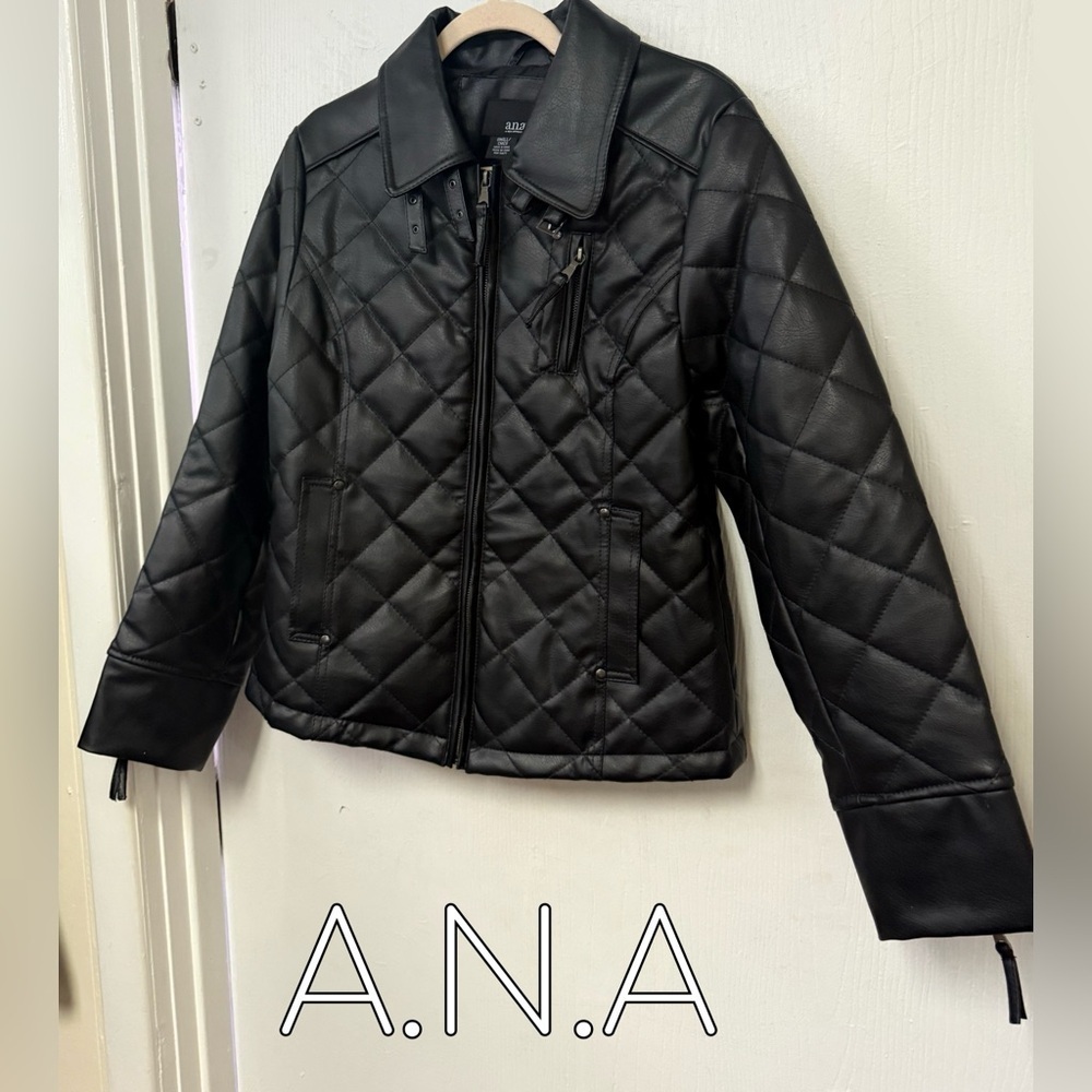 A.N.A Quilted Black Faux Leather Moto Jacket Zip Up Women’s Capsule Office Small - Picture 2 of 9